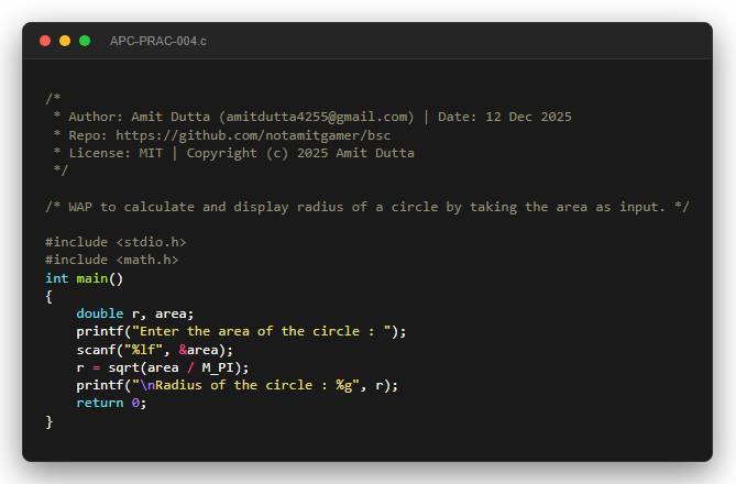 WAP to calculate and display radius of a circle by taking the area as input.